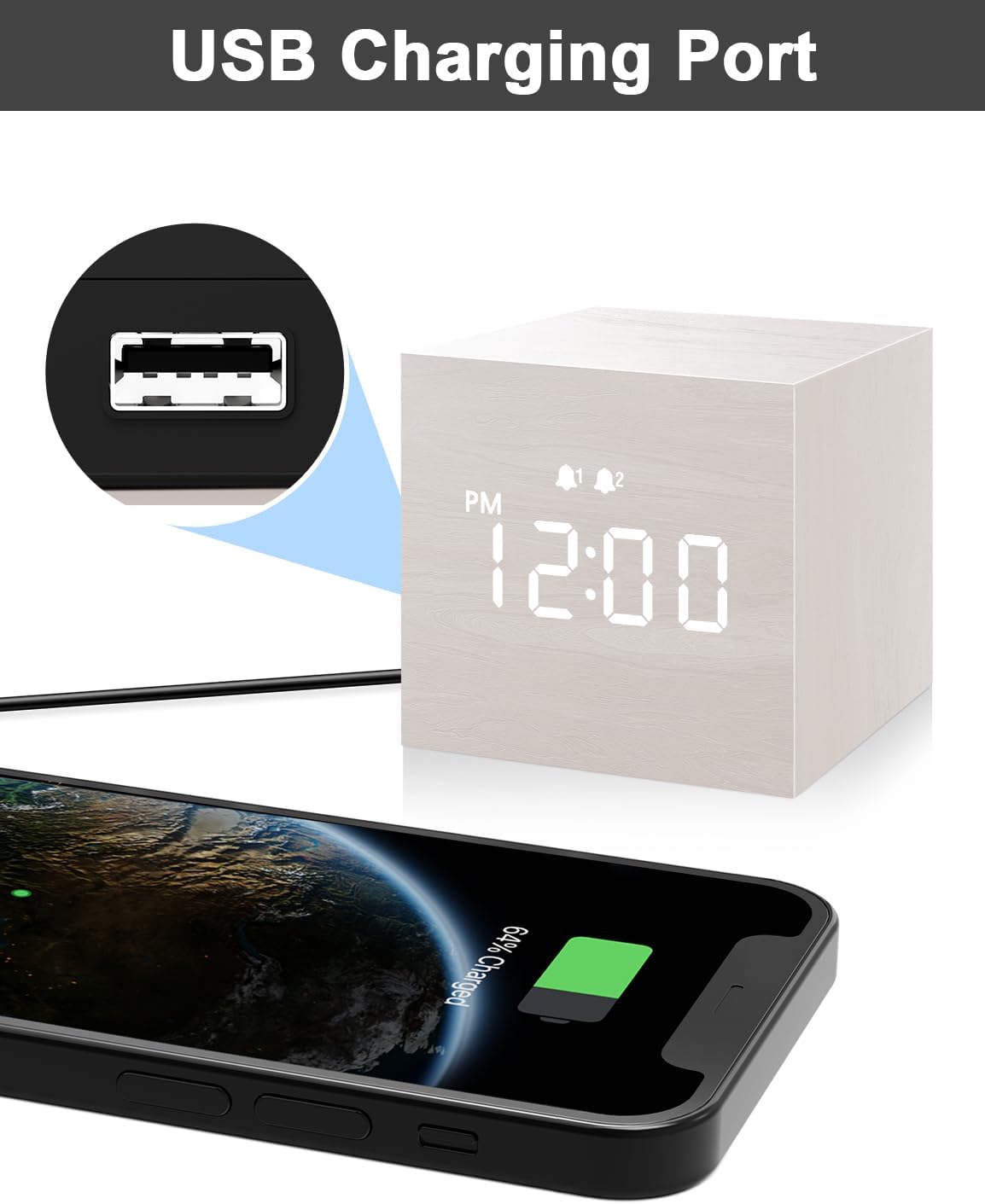 JALL Digital Alarm Clock with Wooden LED Display 3 Alarm White