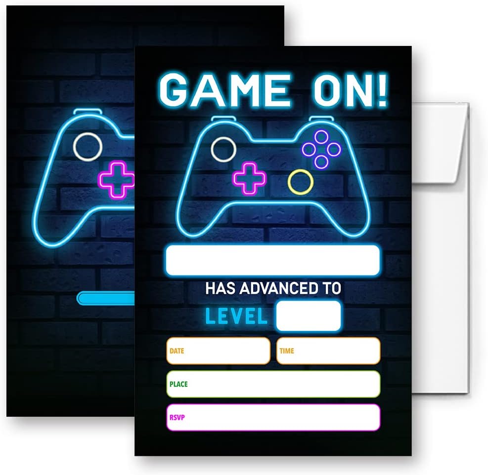 Neon Video Game Birthday Invitations Set of 20