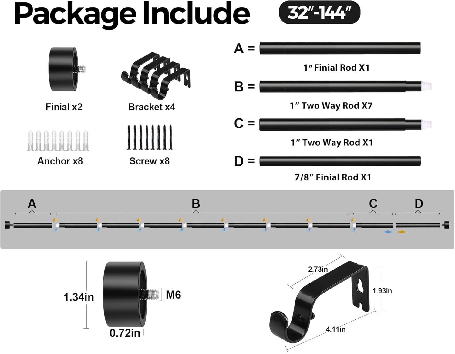Kamanina Black Curtain Rod 32-144 Inch Heavy Duty Single Rod