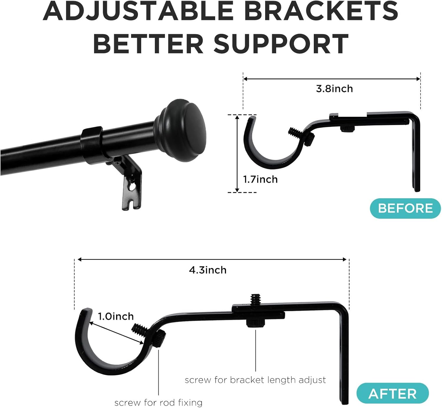 Joydeco Black Curtain Rod 32-88 Inch Adjustable Single Rod for Windows