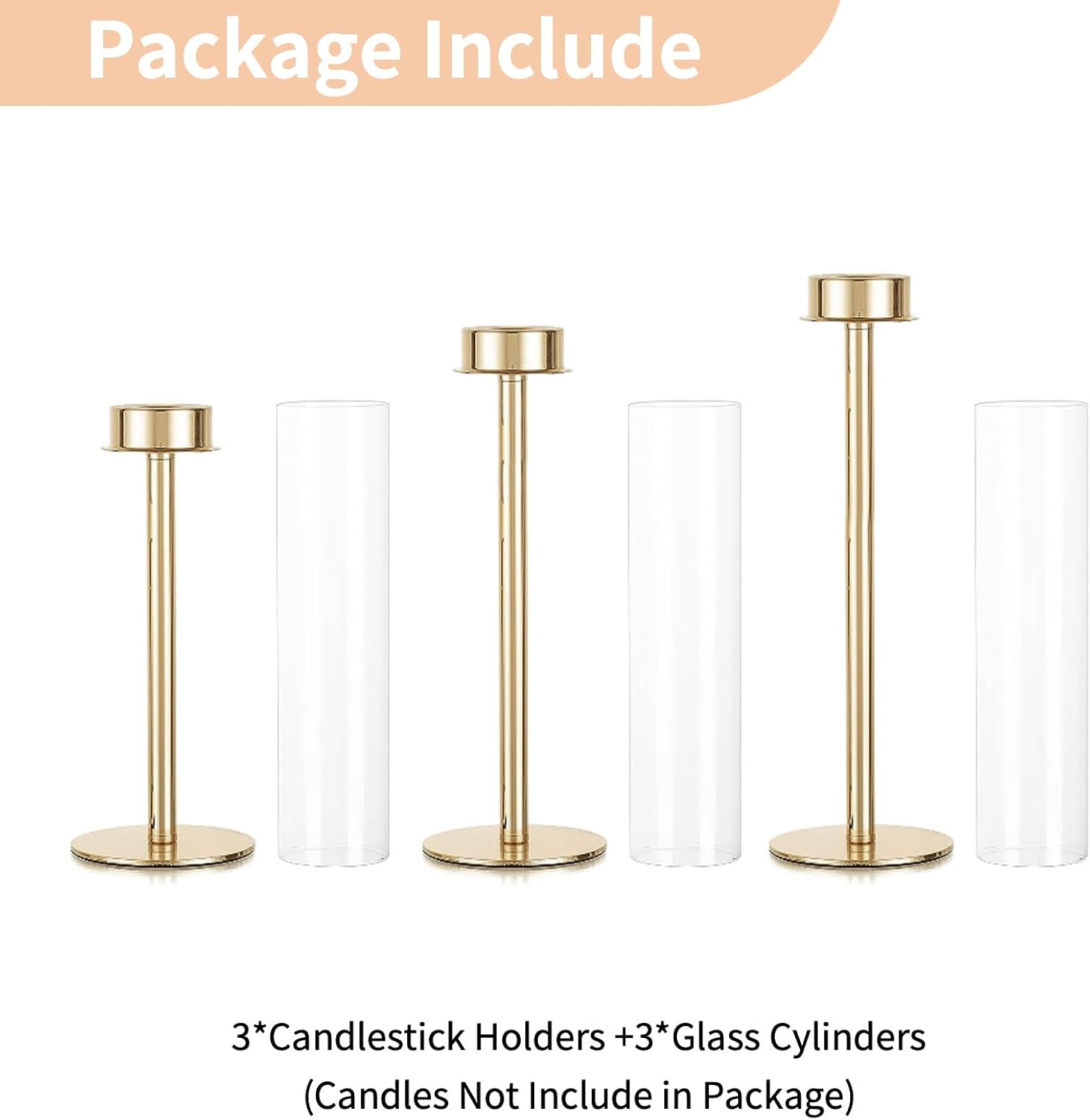NUPTIO Gold Taper Candle Holders 3 Pcs Hurricane Candlestick