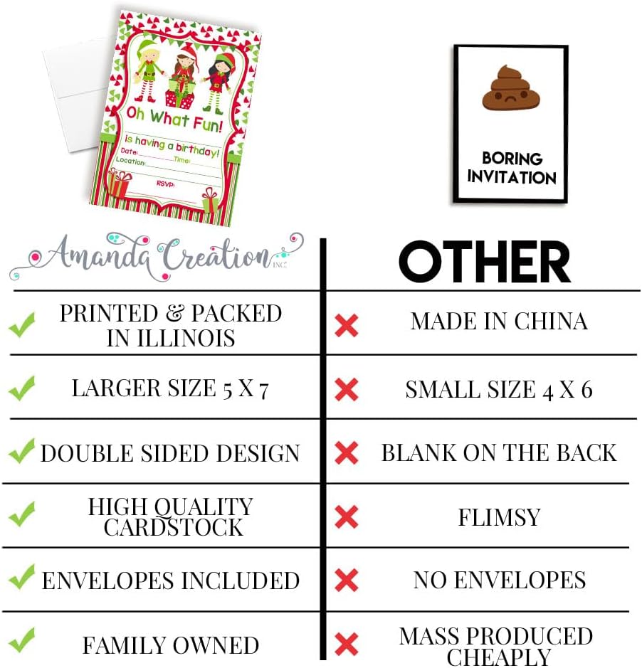 Elf Girl Christmas Invites with Envelopes 20 Pack 5x7 Double Sided