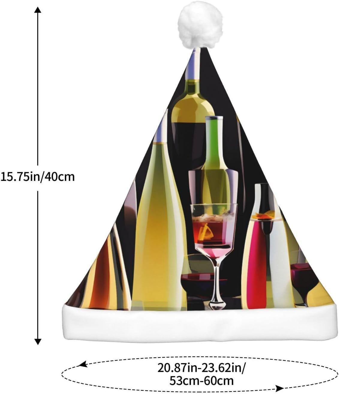 Cocktail Glasses Wine Bottles Print Christmas Hat with LED Lights