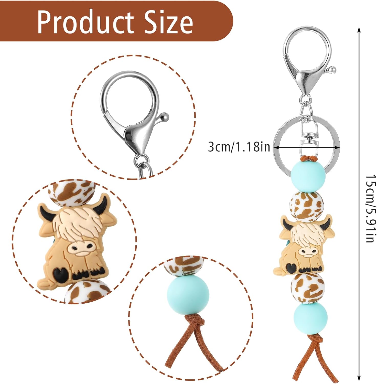 Cute Cow Keychain with Beads and Clip
