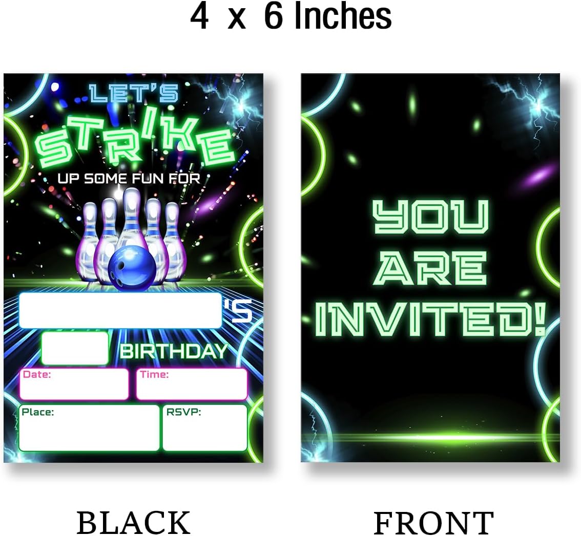 Neon Bowling Party Invites 20 Cards with Envelopes Double Sided