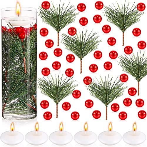 MTLEE 142 Pcs Christmas Vase Fillers with Floating Candles and Pine Needles