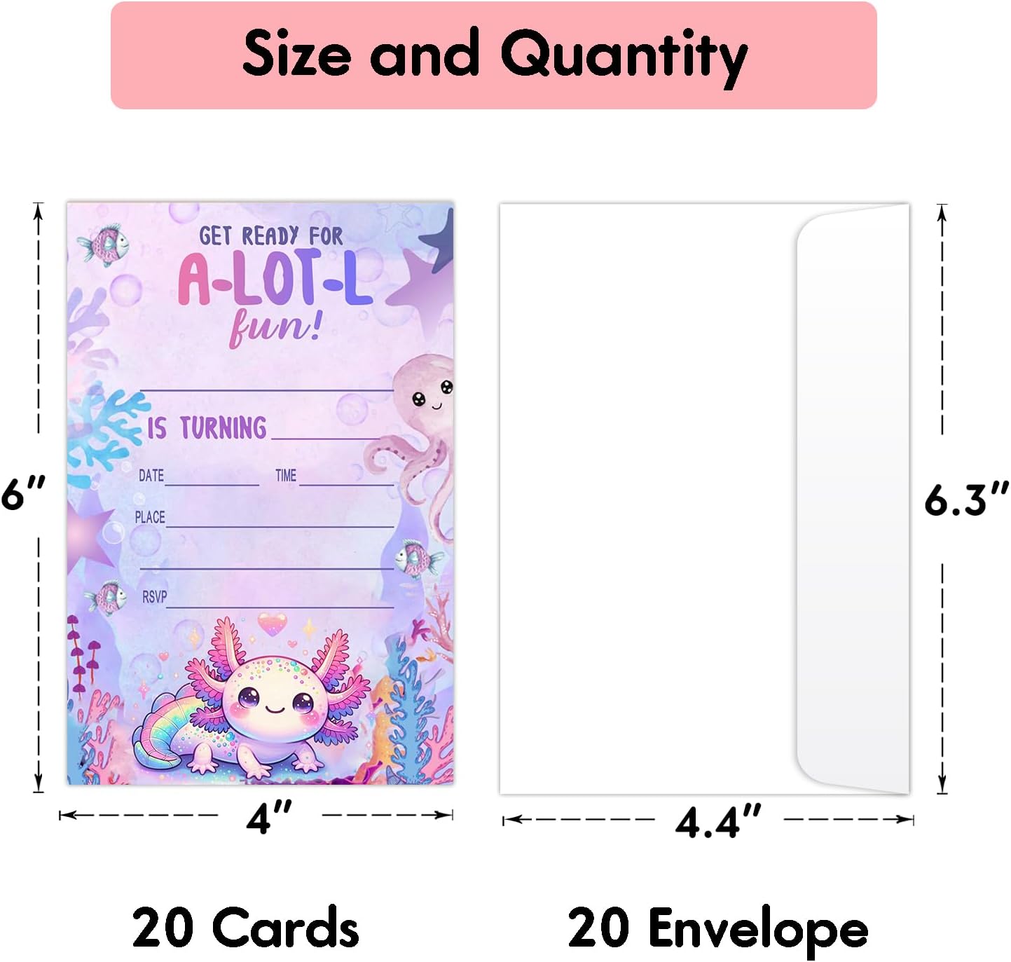 Axolotl Birthday Invitations for Kids 20 Piece Set
