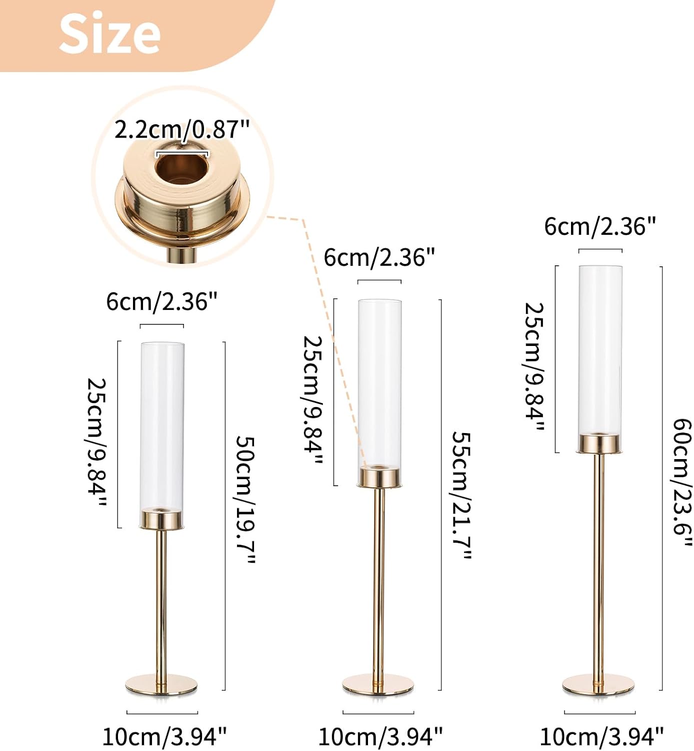 NUPTIO Gold Taper Candle Holders 3 Pcs Hurricane Candlestick