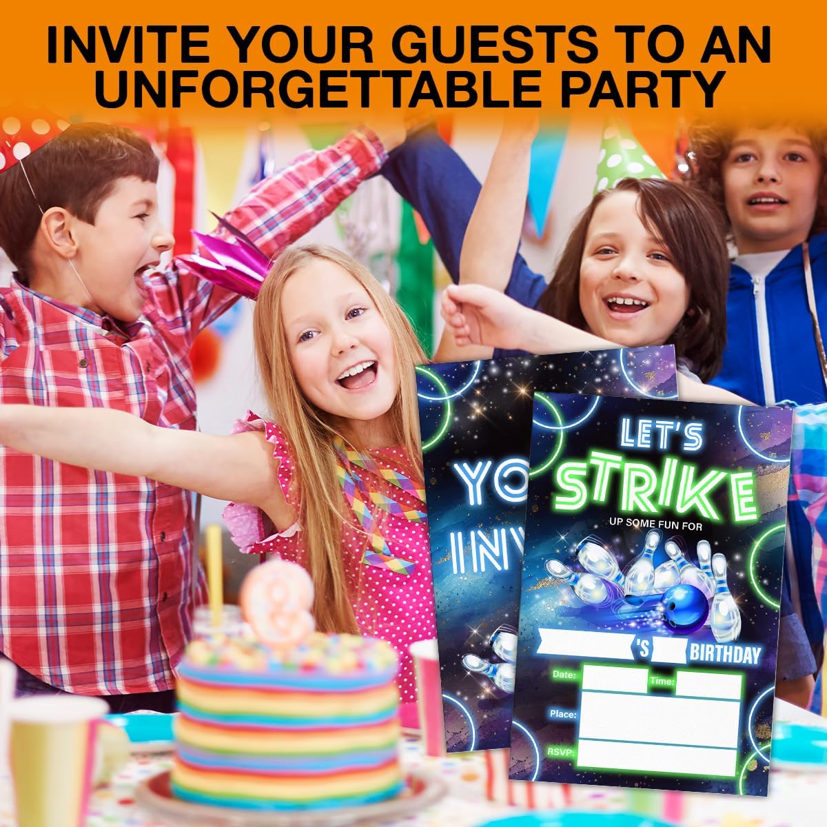 Neon Glow Bowling Birthday Invitations with Envelopes 20 Count Double Sided