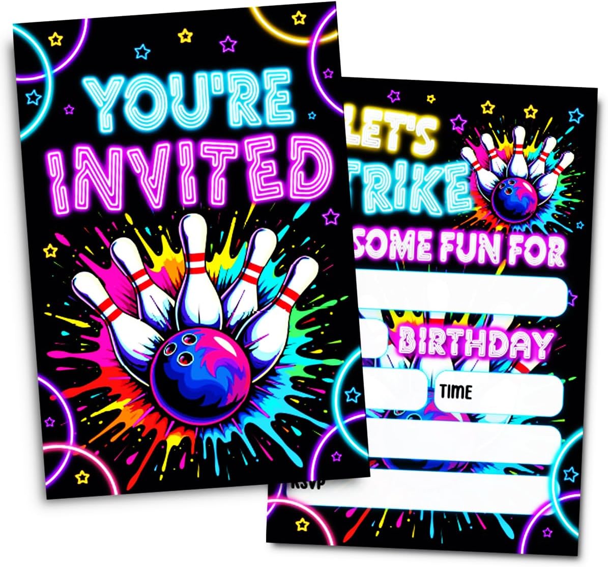 Neon Bowling Birthday Party Invitations Set