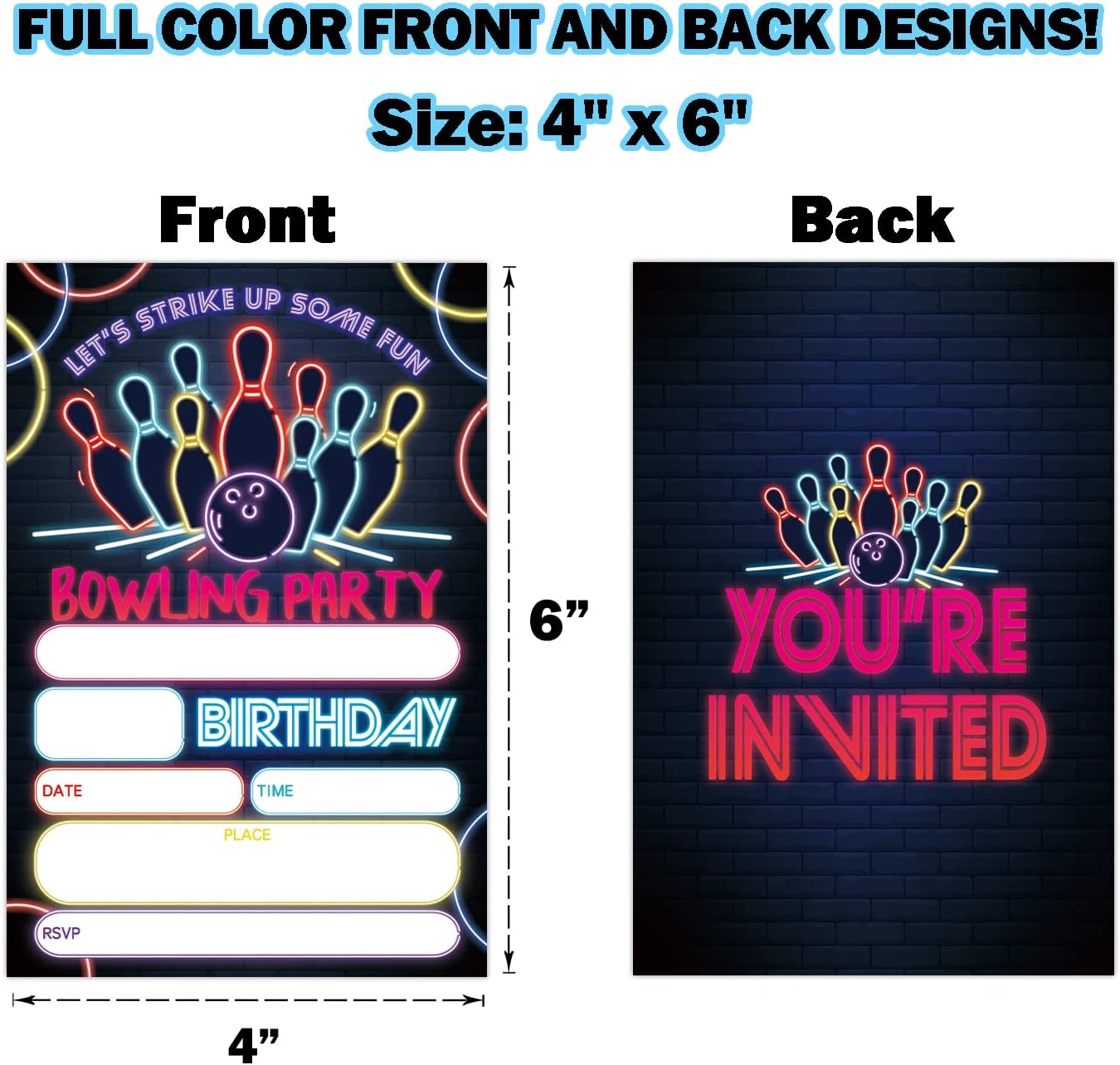 Glow Bowling Birthday Invitations with Envelopes 20 Sets