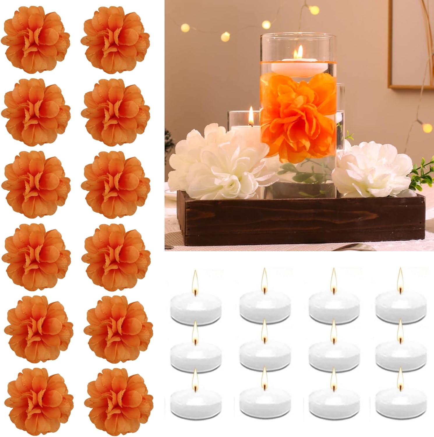 24 Pcs Floating Candles and Artificial Flowers for Centerpieces