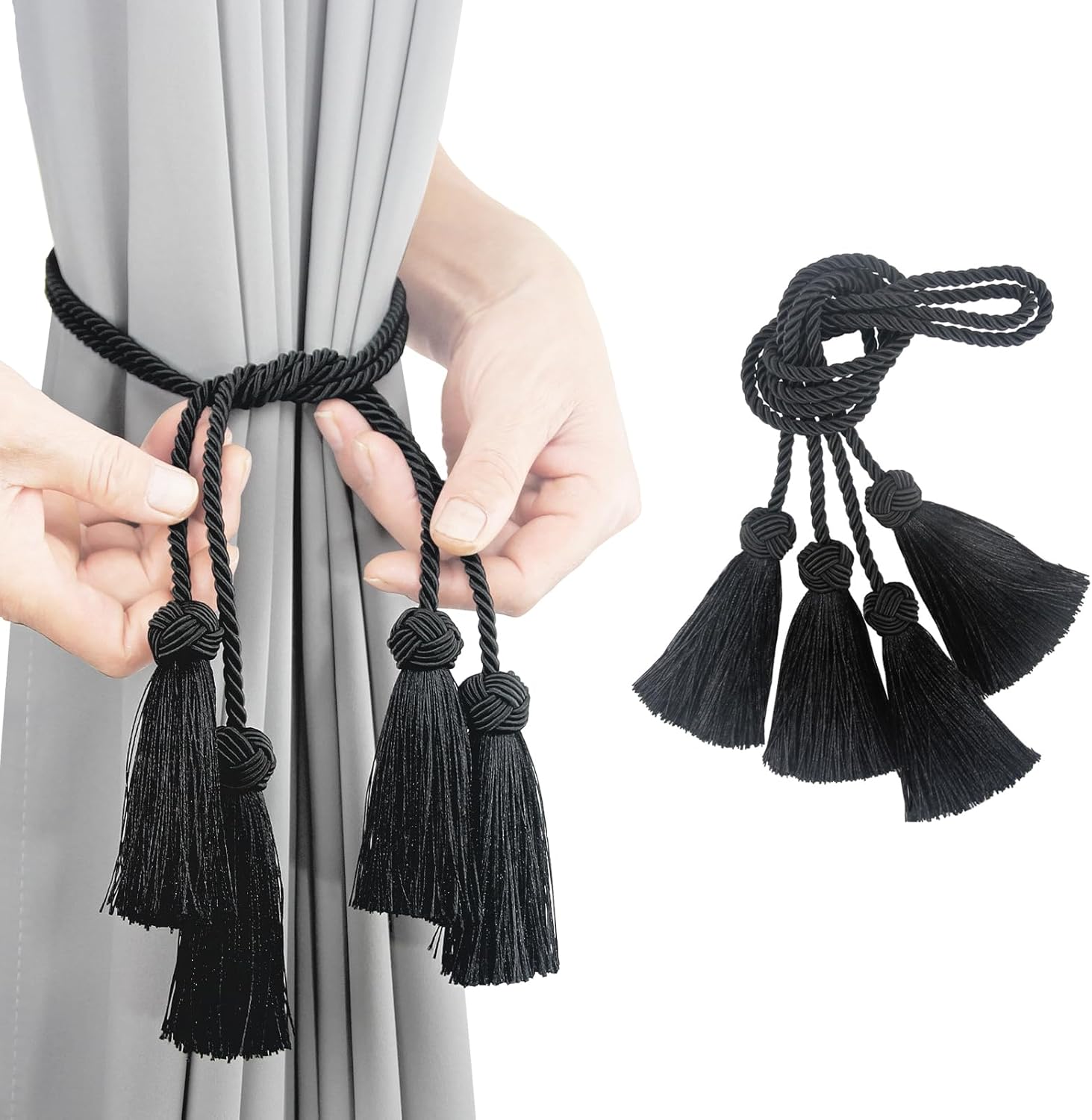 Porlau Black Tassel Curtain Tiebacks 2pack