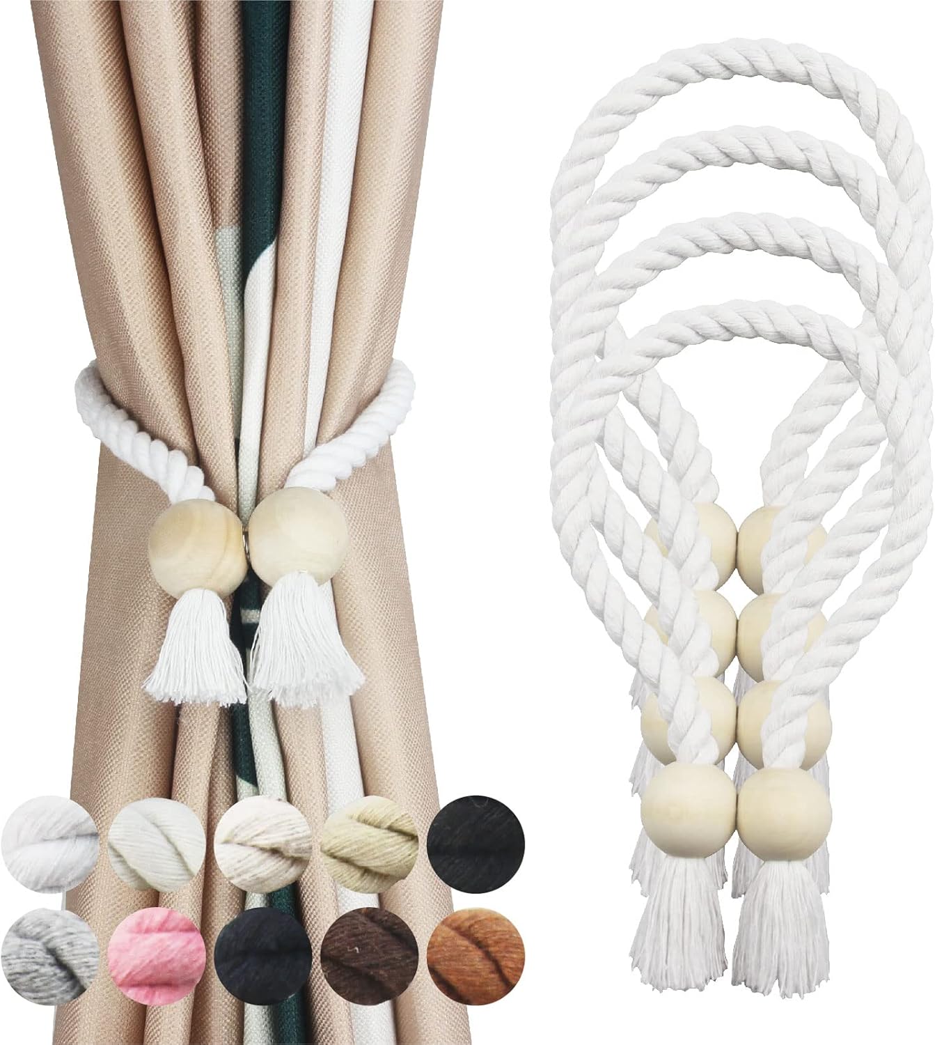 4 Pack White Magnetic Curtain Tiebacks with Wooden Buckle