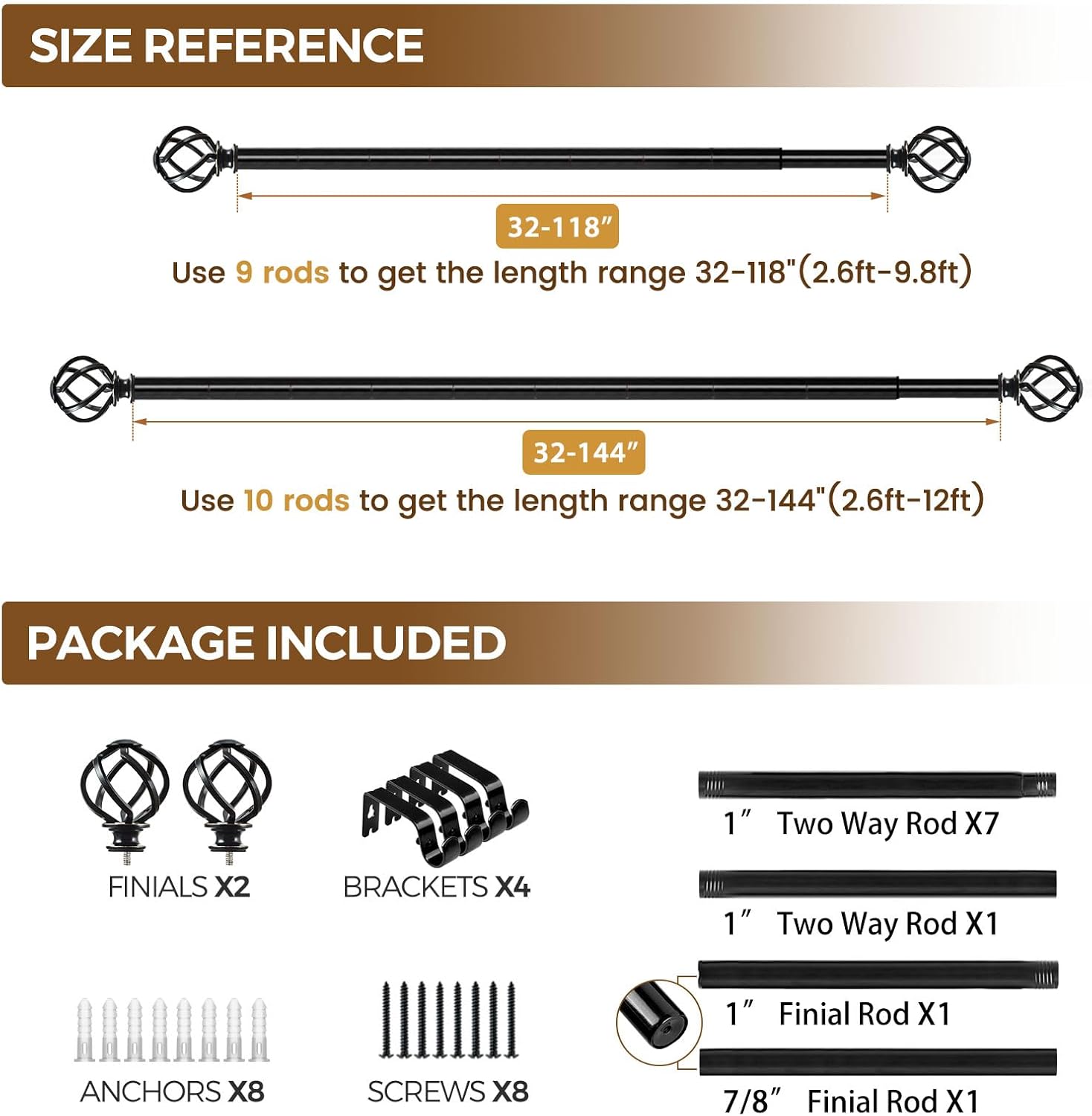 KAMANINA Black Twist Curtain Rods 32-144 Inches
