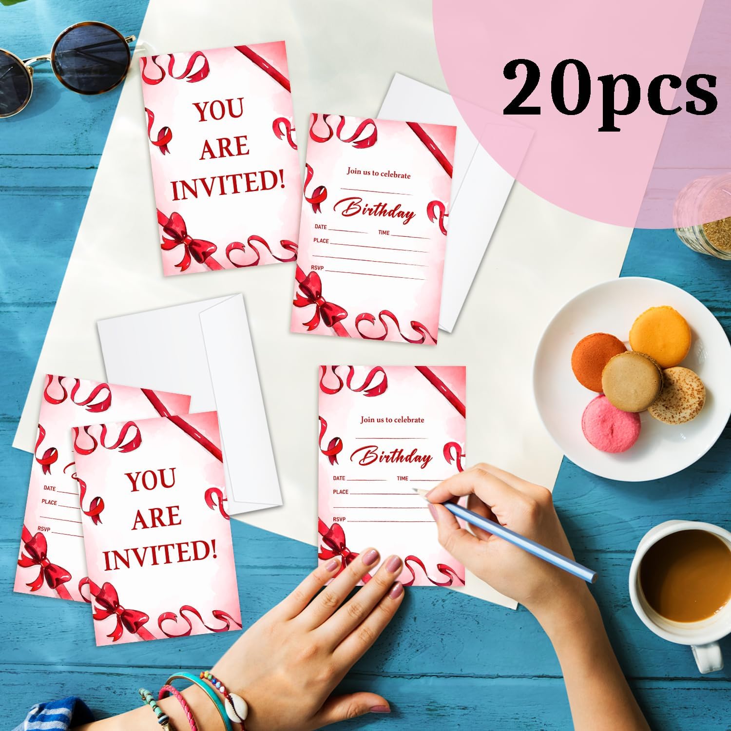 Red Bow Birthday Party Invitation Cards with Envelopes 20 Pcs