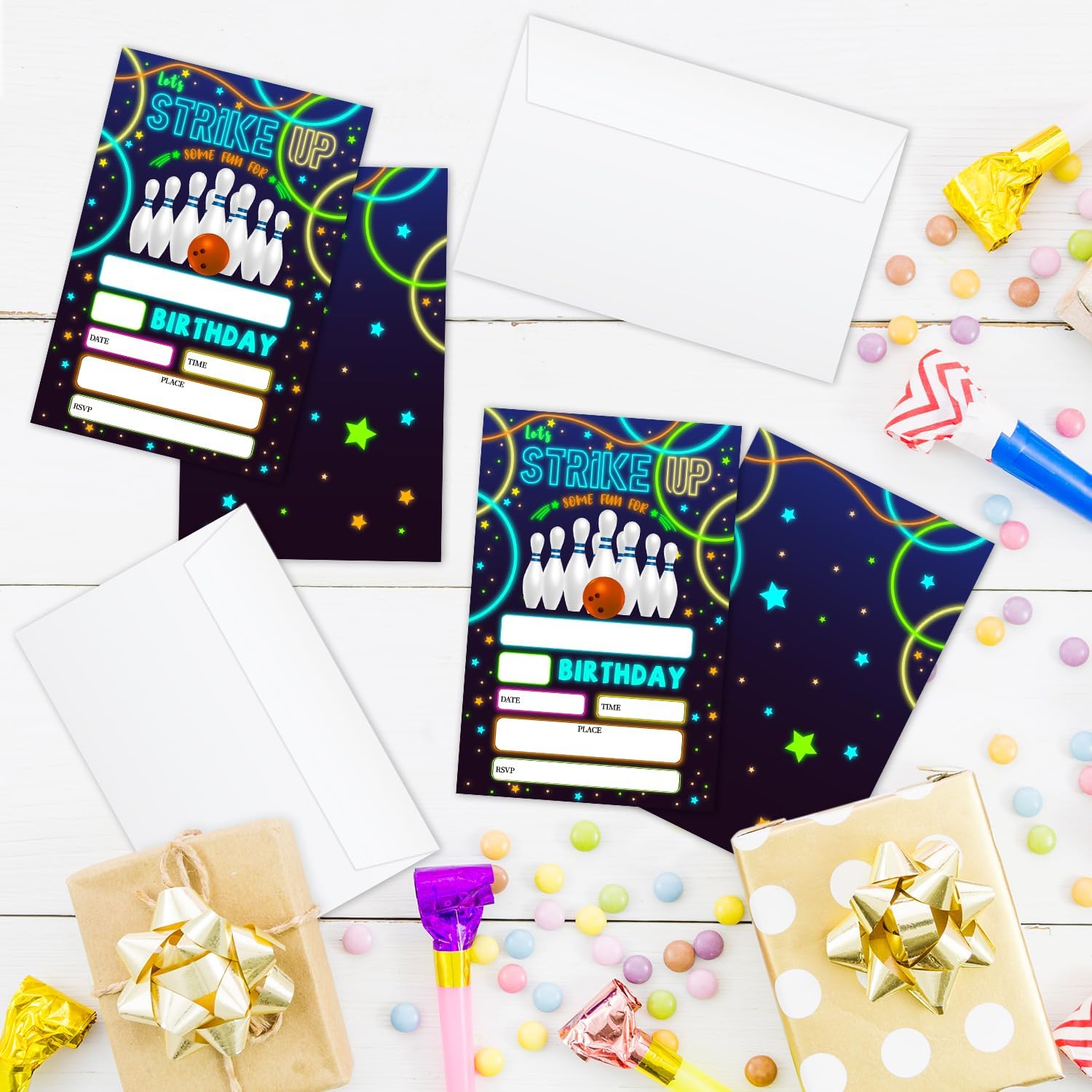 Neon Glow Birthday Invites for Kids Set of 20 with Envelopes