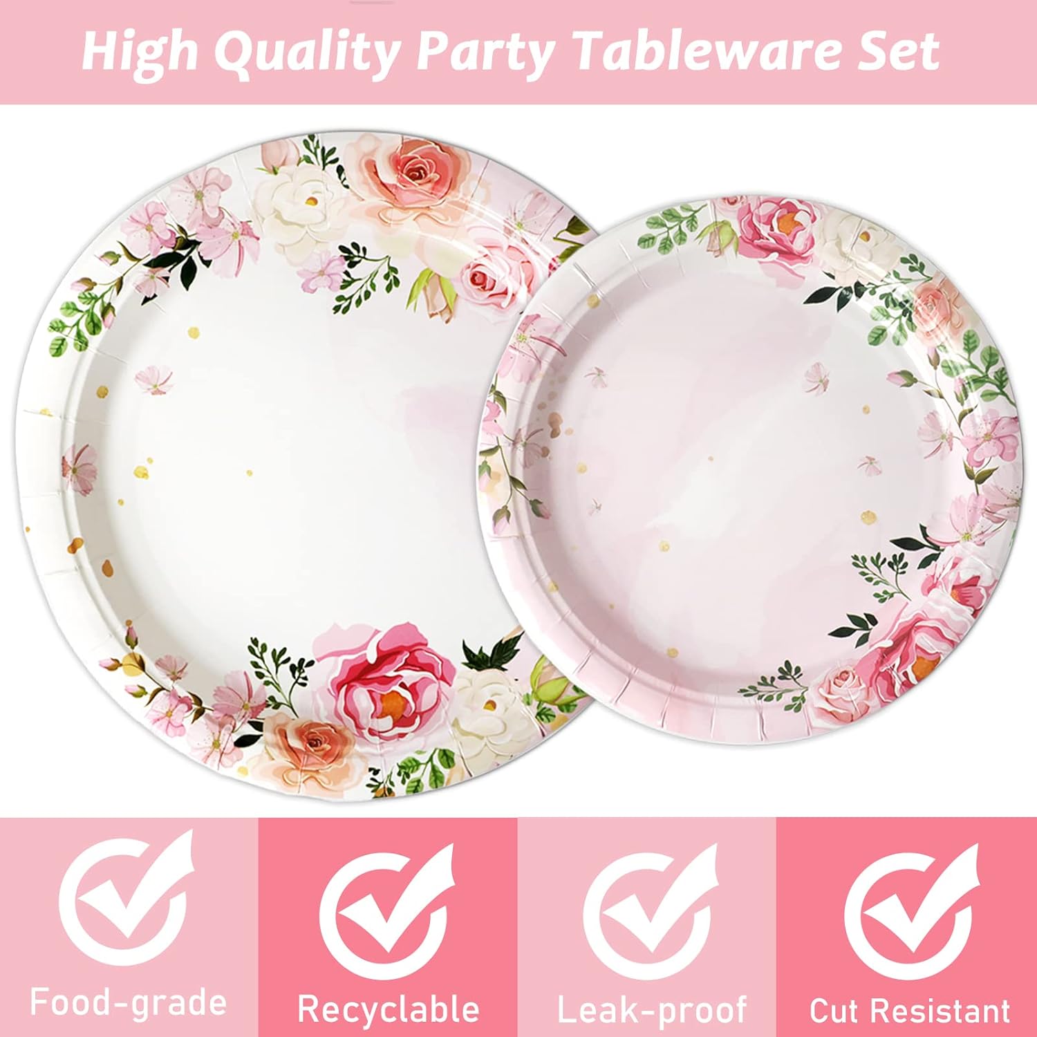 96 Pcs Pink Floral Party Plates Napkins Set for 24 Guests