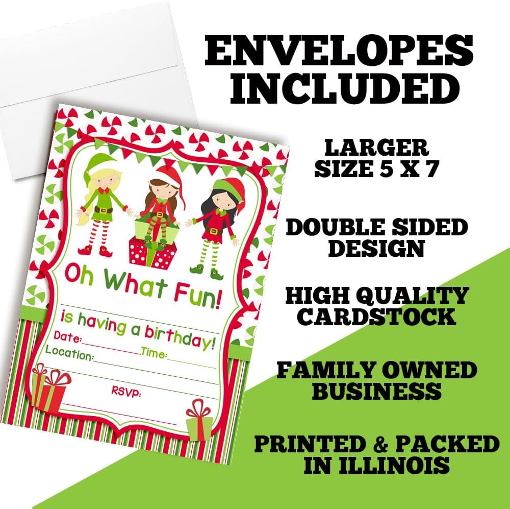 Elf Girl Christmas Invites with Envelopes 20 Pack 5x7 Double Sided