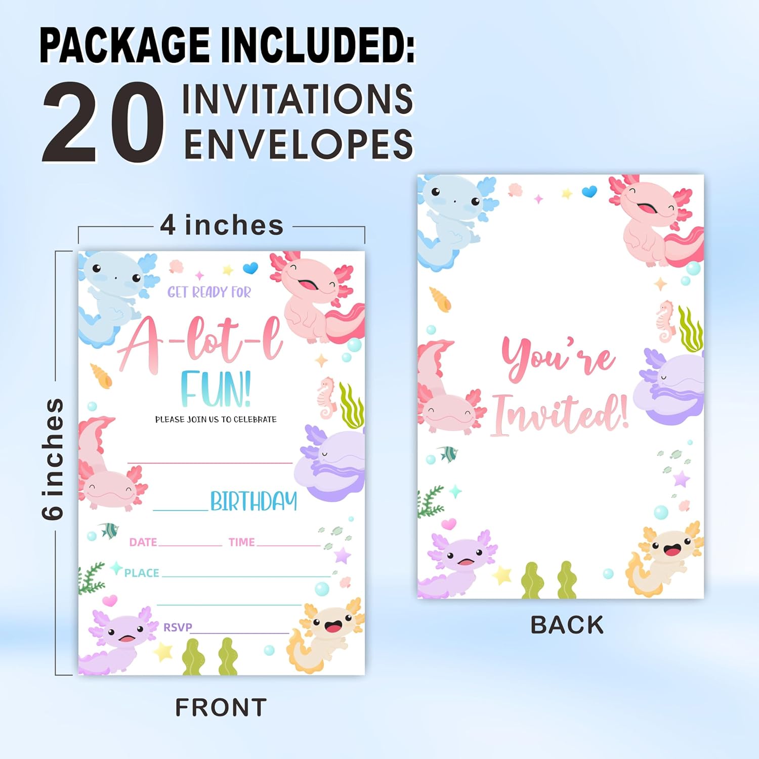 Axolotl Birthday Invites With Envelopes - 20 Sets
