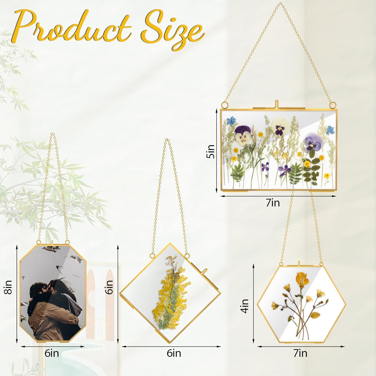 4 Pcs Gold Hanging Glass Picture Frame for DIY Pressed Flower Display