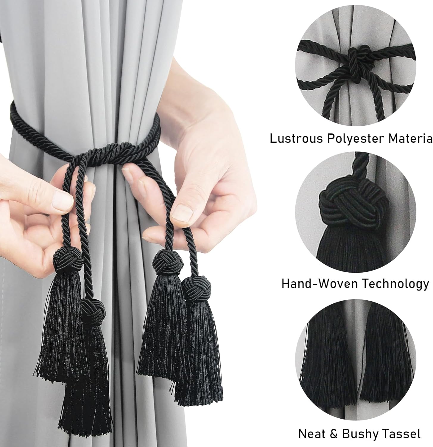 Porlau Black Tassel Curtain Tiebacks 2pack