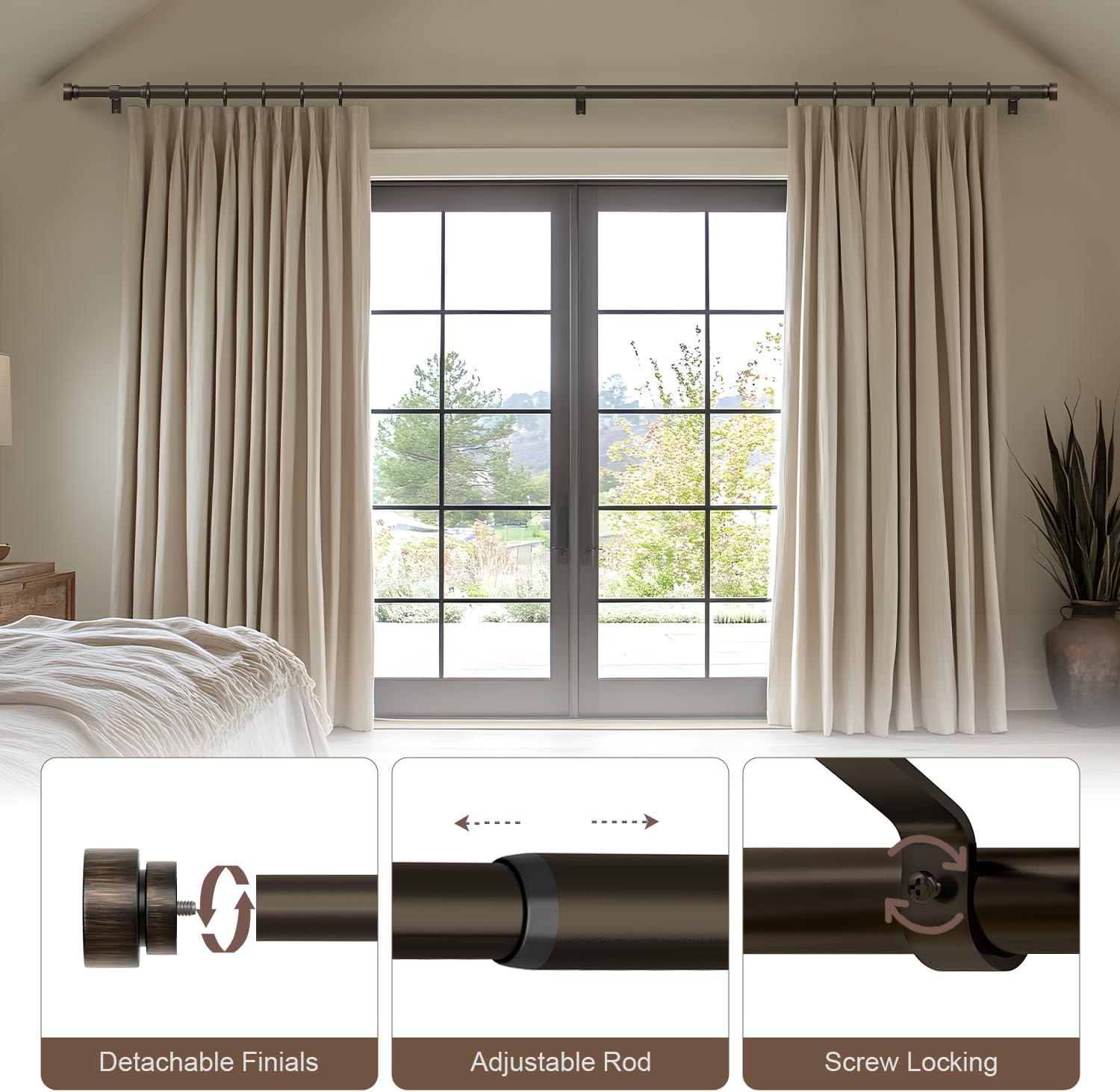 Modern Antique Brown Adjustable Curtain Rods for Windows 66-120 Inches