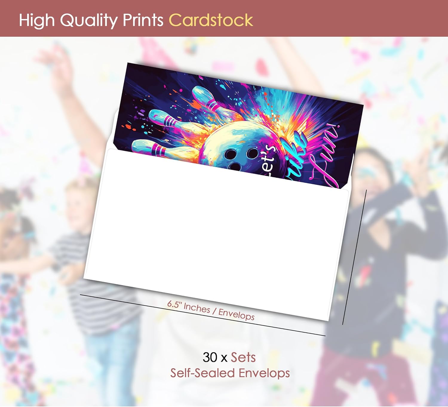 Bowling Birthday Invites Neon Design 30 Sets with Envelopes