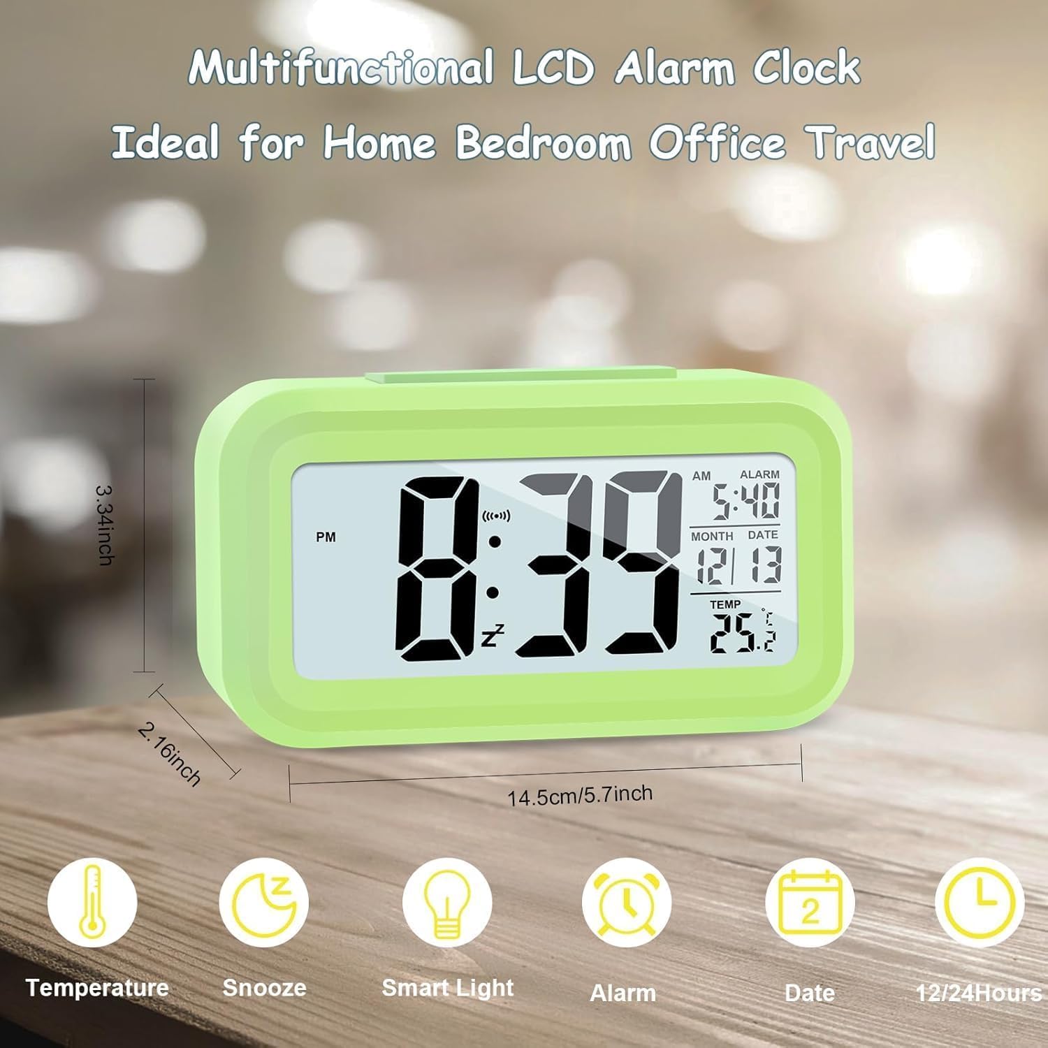 KAIJIELY LCD Digital Alarm Clock with Temperature Display Green