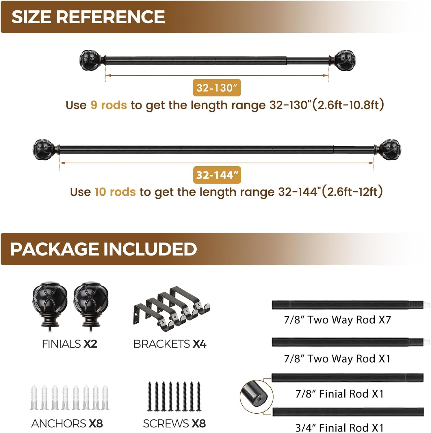 KAMANINA Black Curtain Rod 72-144 Inches Heavy Duty