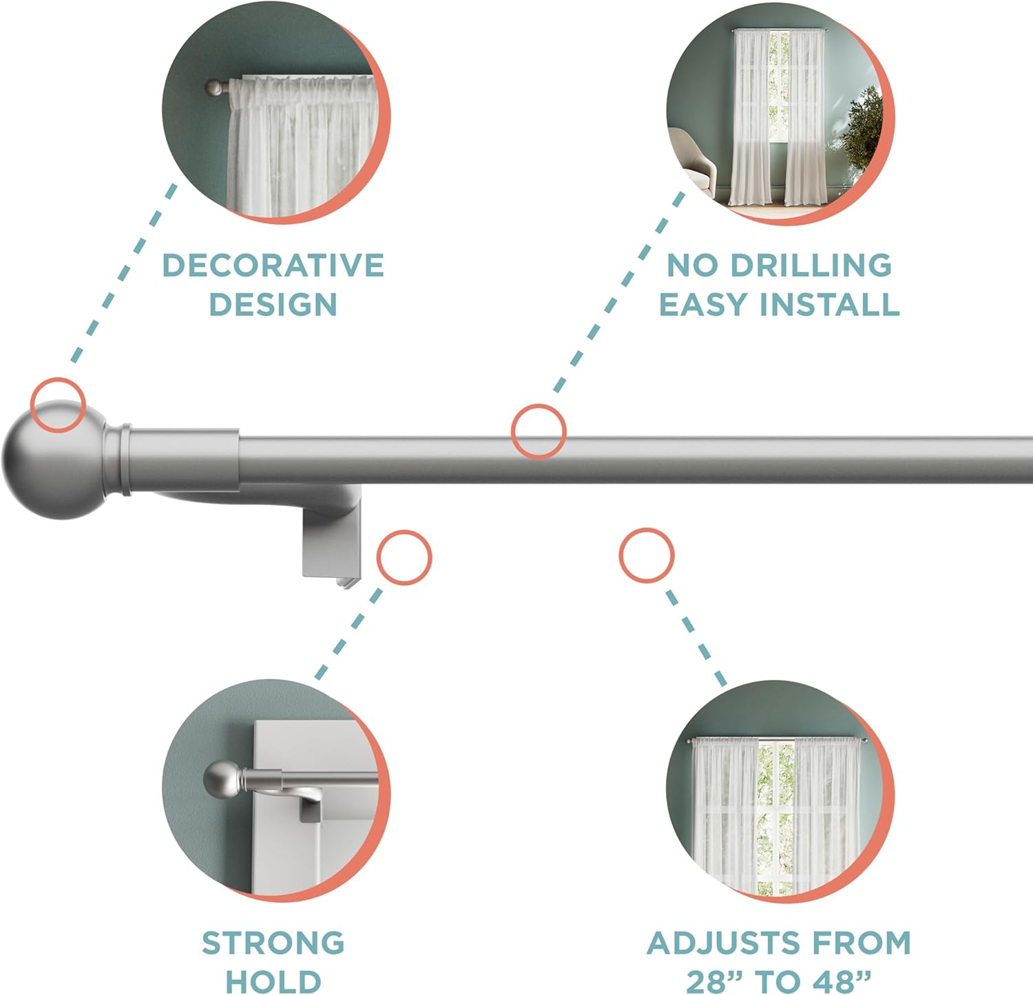Zenna Home Adjustable Tension Curtain Rod with Decorative Finials