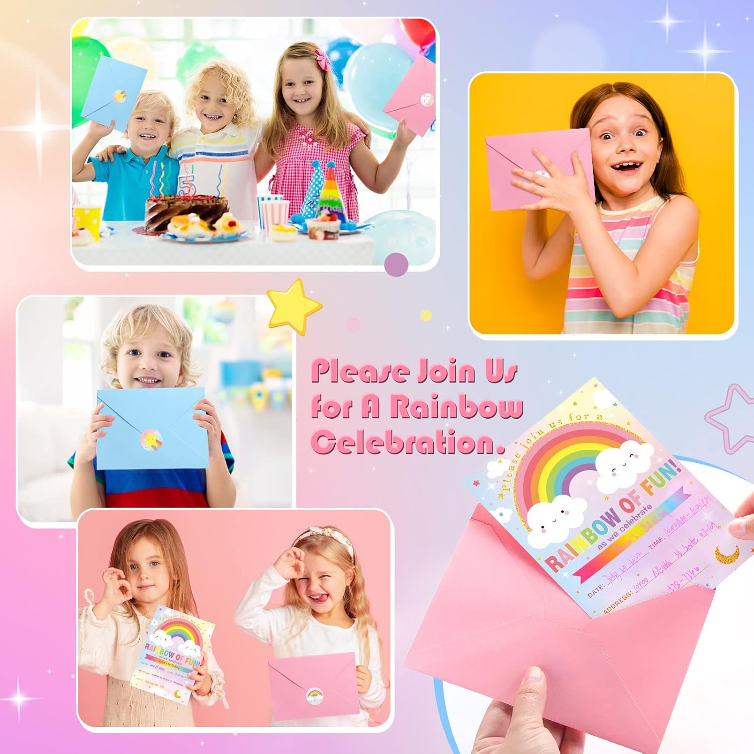 24 Piece Rainbow Party Invitation Set with Envelope and Sticker
