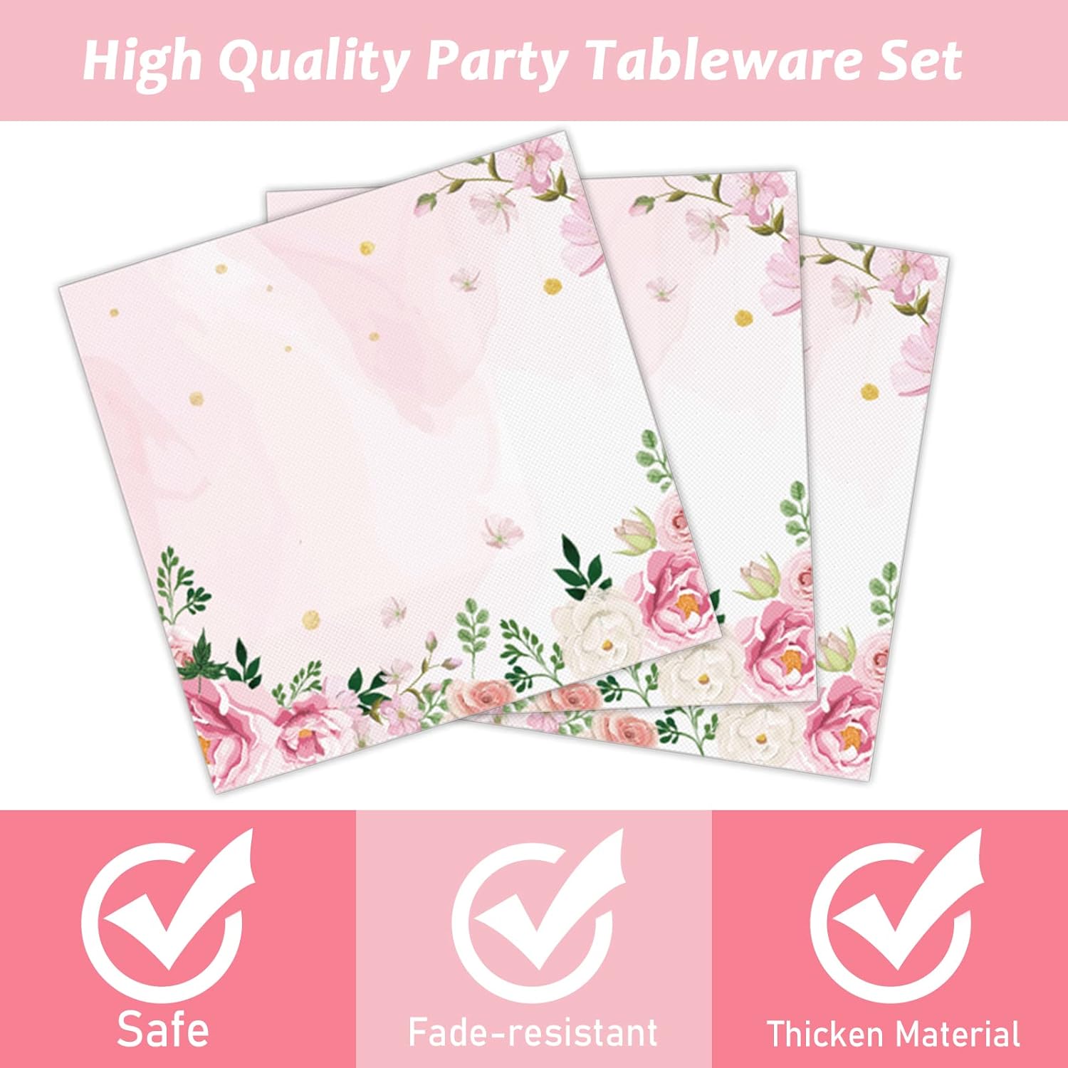 96 Pcs Pink Floral Party Plates Napkins Set for 24 Guests