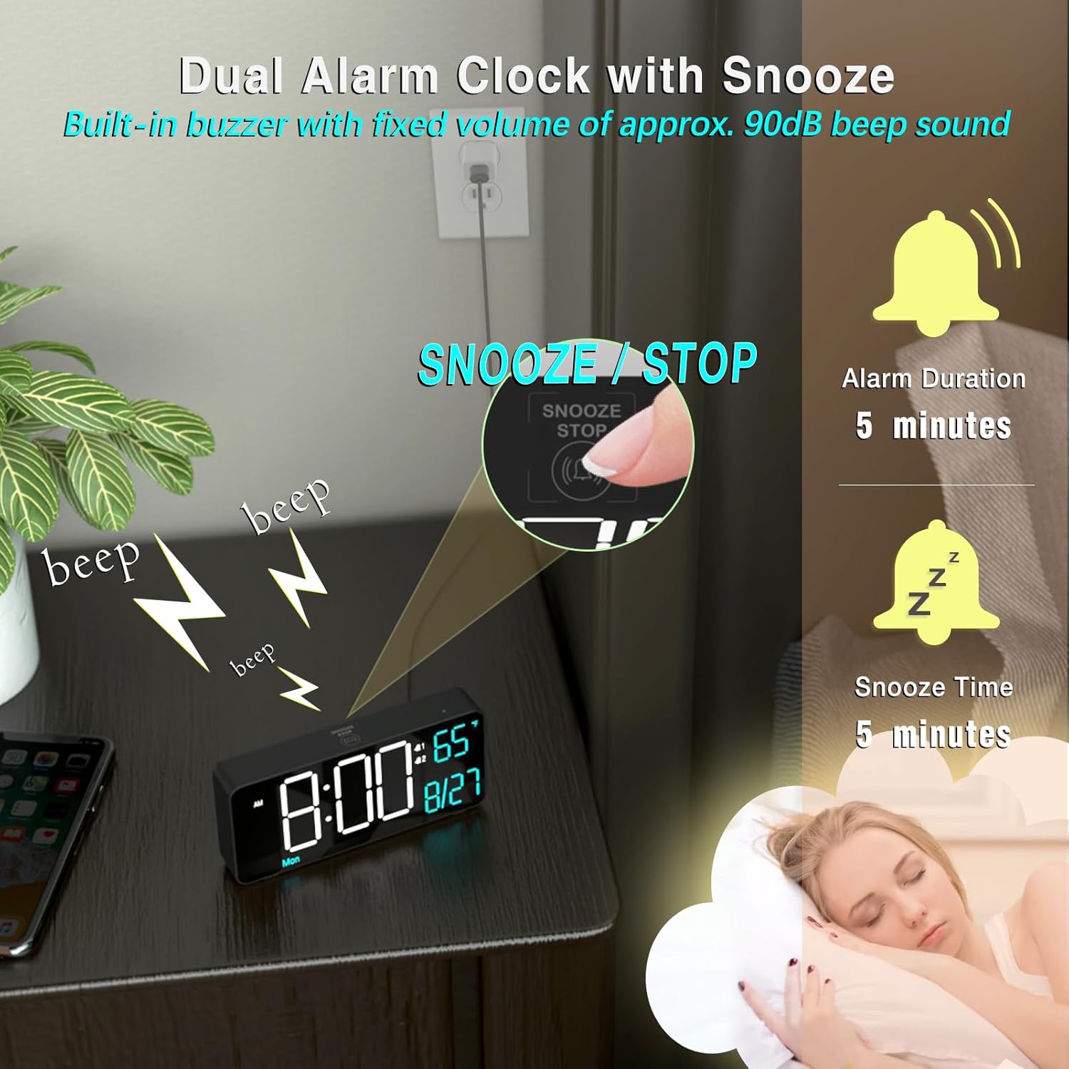 Kosumosu 67 Inch Digital Alarm Clock with Auto Dimming