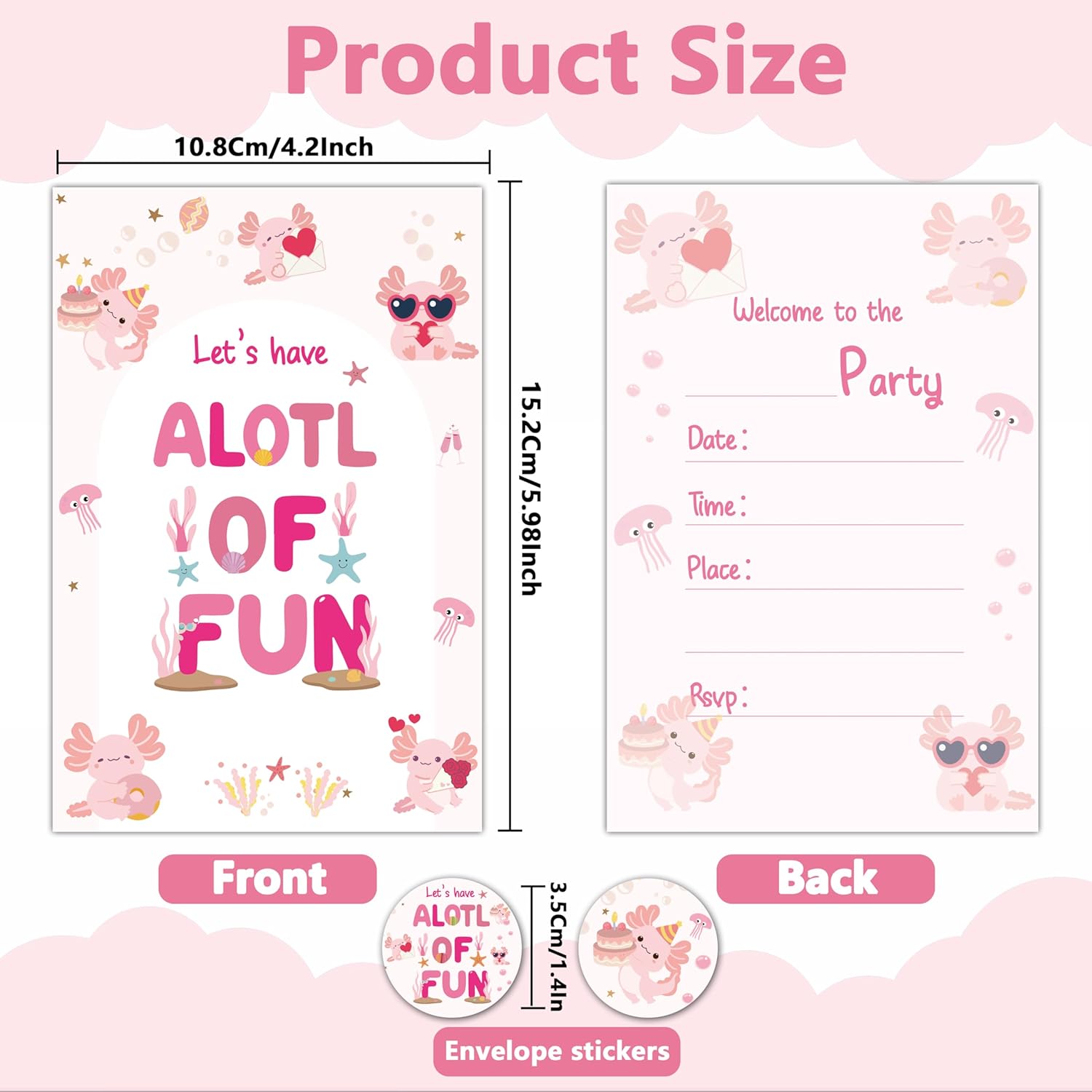 Axolotl Birthday Invitations Set with Envelopes