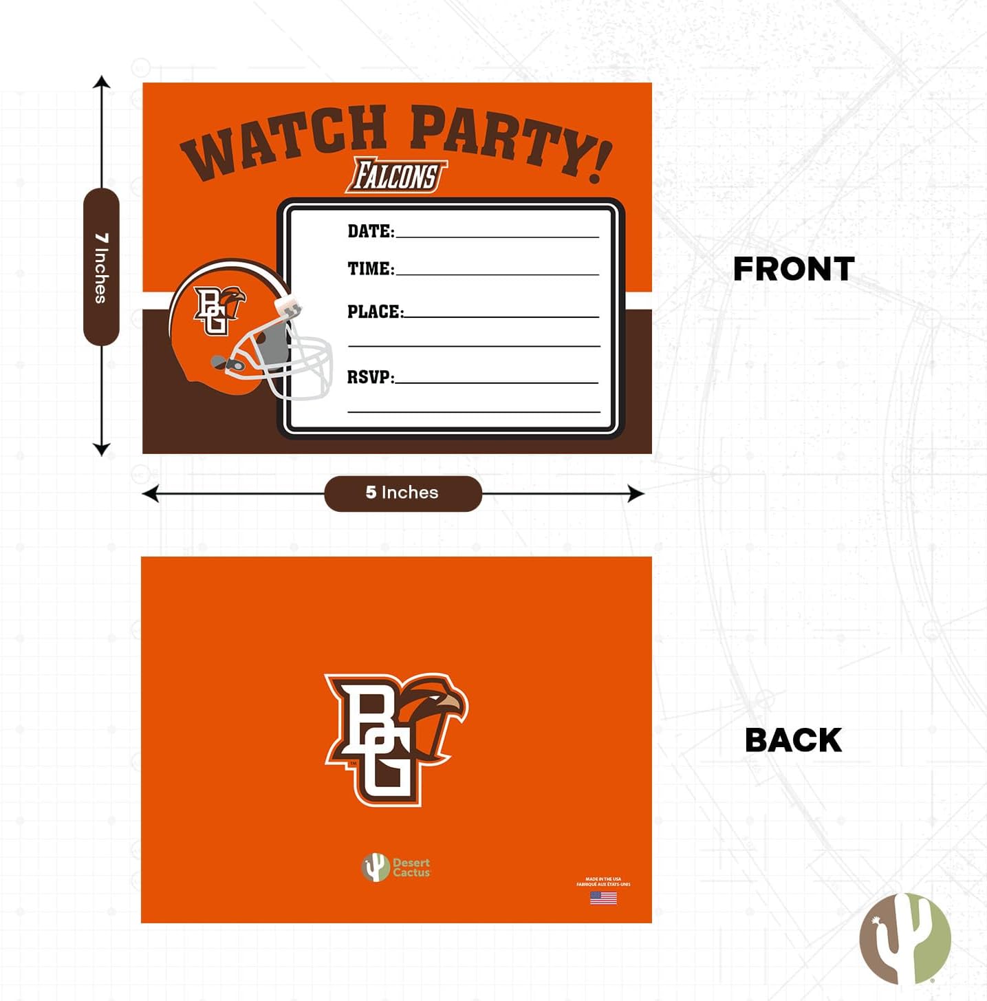 Desert Cactus BGSU Falcons 5x7 Party Invites 10 Count With Envelopes