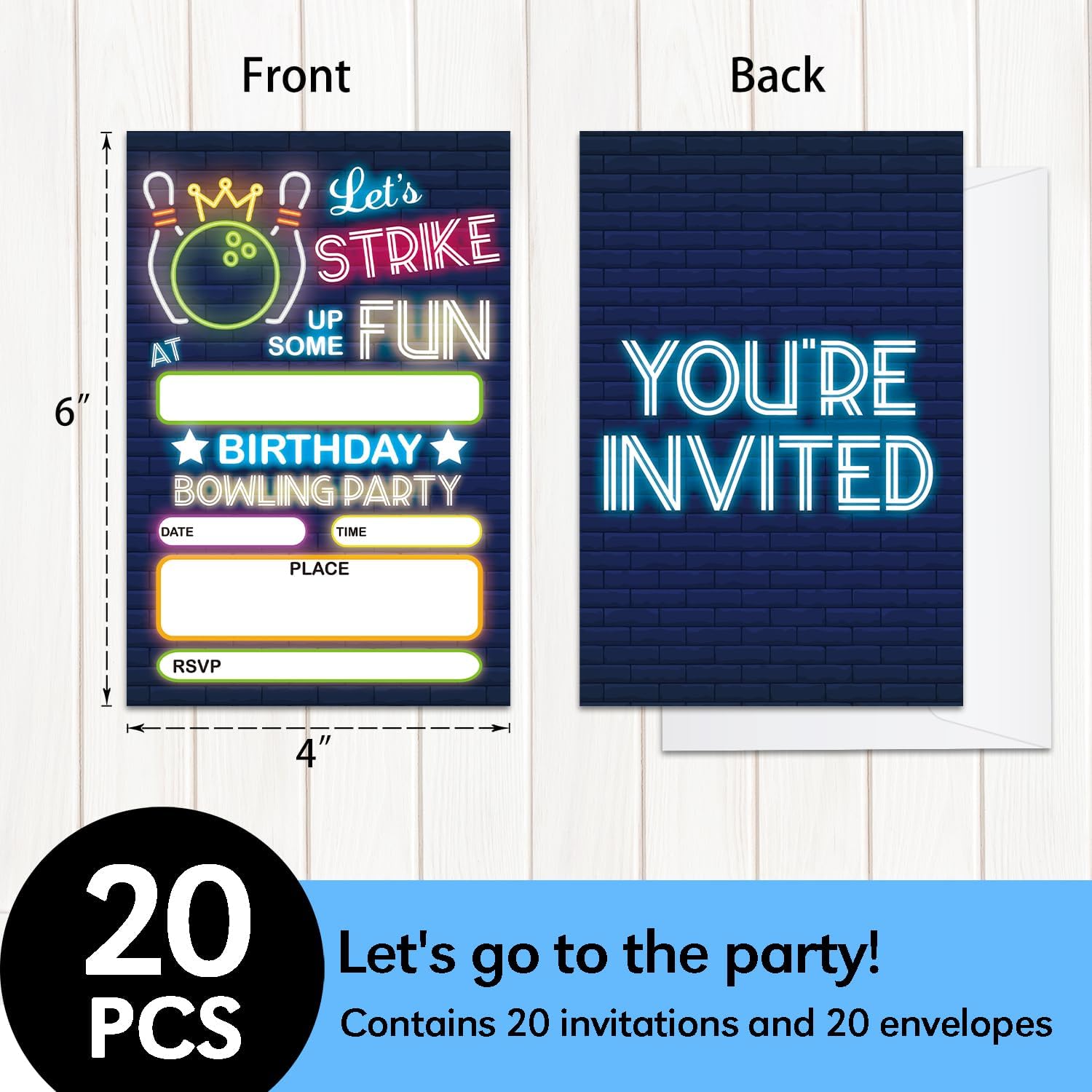 GaNiao Retro Neon Bowling Birthday Invites Set 20 Pcs
