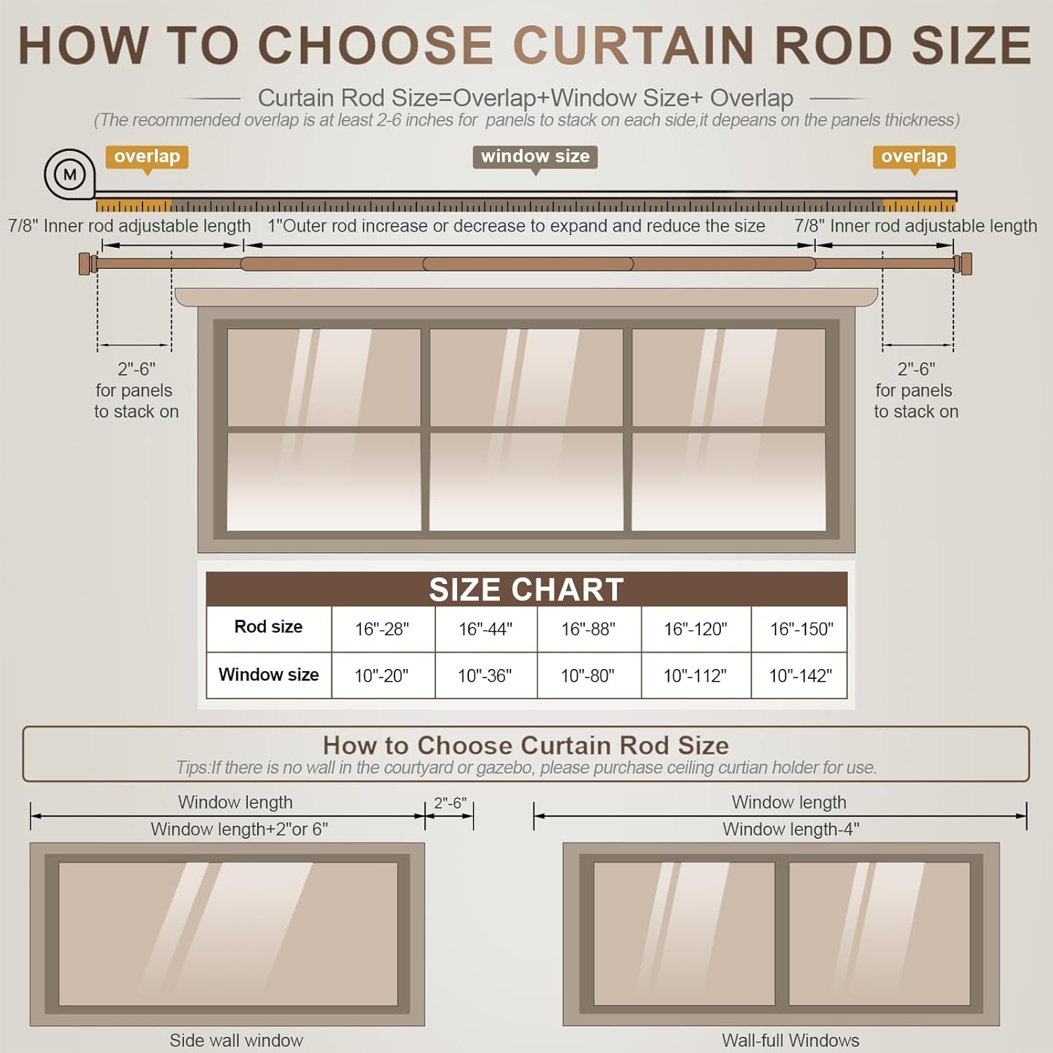 Modern Antique Brown Adjustable Curtain Rods for Windows 66-120 Inches