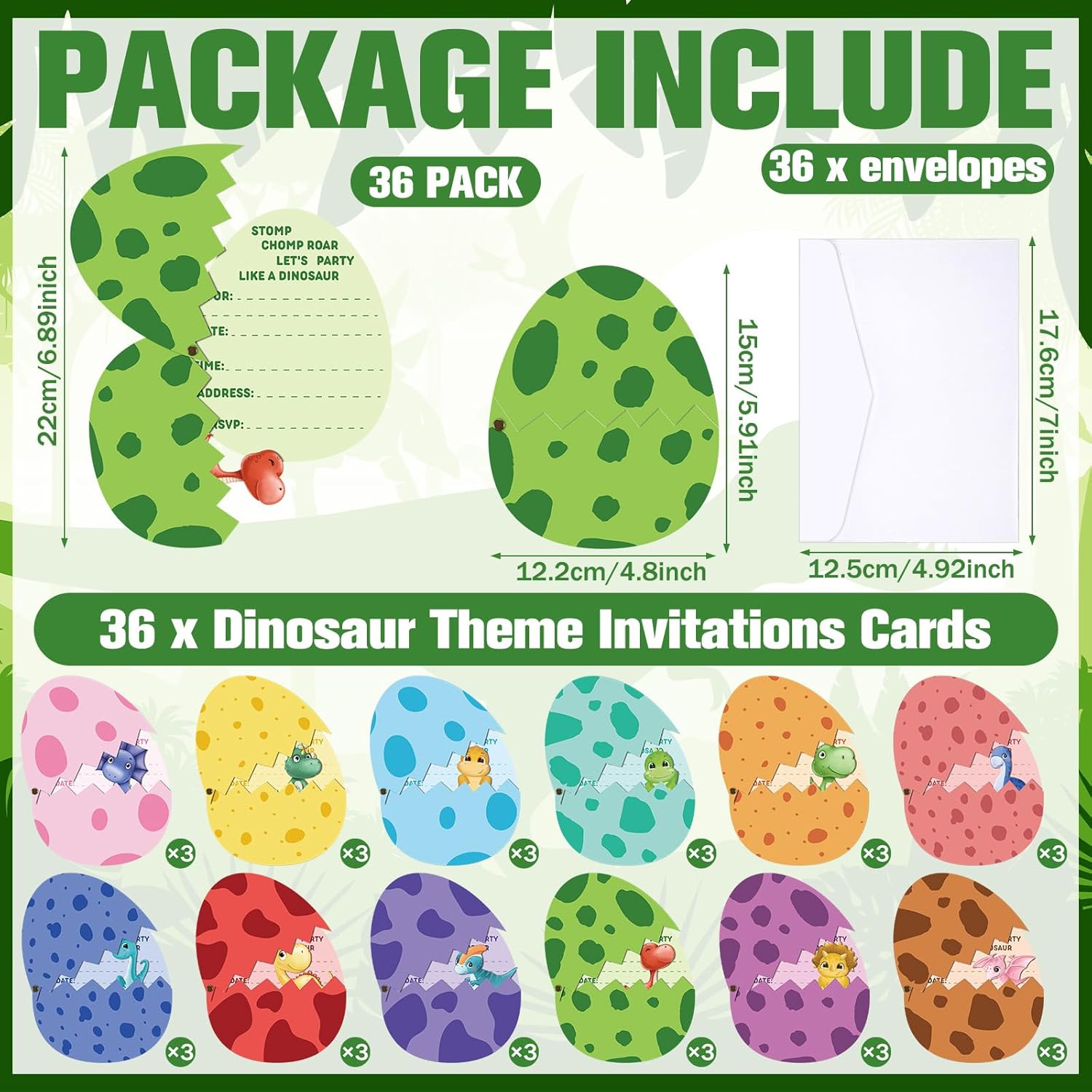 36 Dinosaur Birthday Invitation Cards with Envelopes