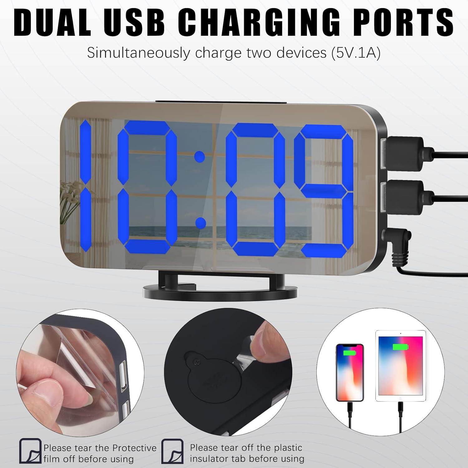 WulaWindy Digital Alarm Clock with USB Charger and Large Mirror