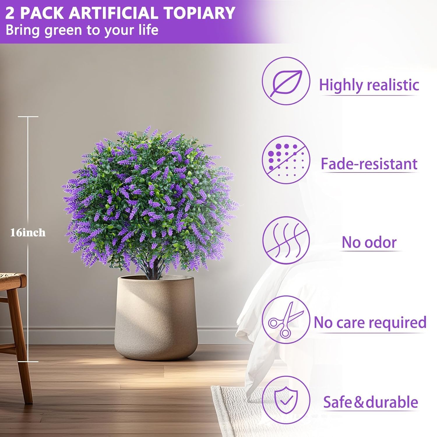 Artificial Lavender Topiary Ball Trees 2 Pack 16 Inches UV Resistant
