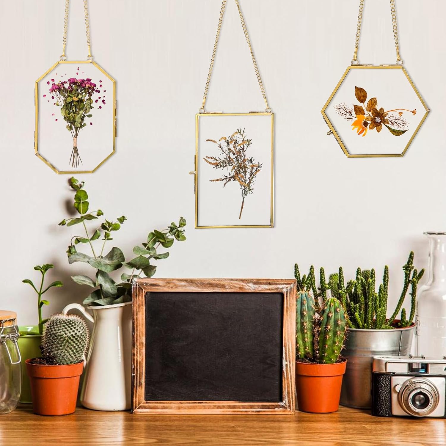3 Pcs Brass Pressed Flower Frames with Chain