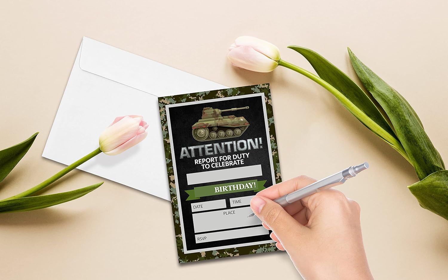 Camo Army Theme Birthday Invitations Set