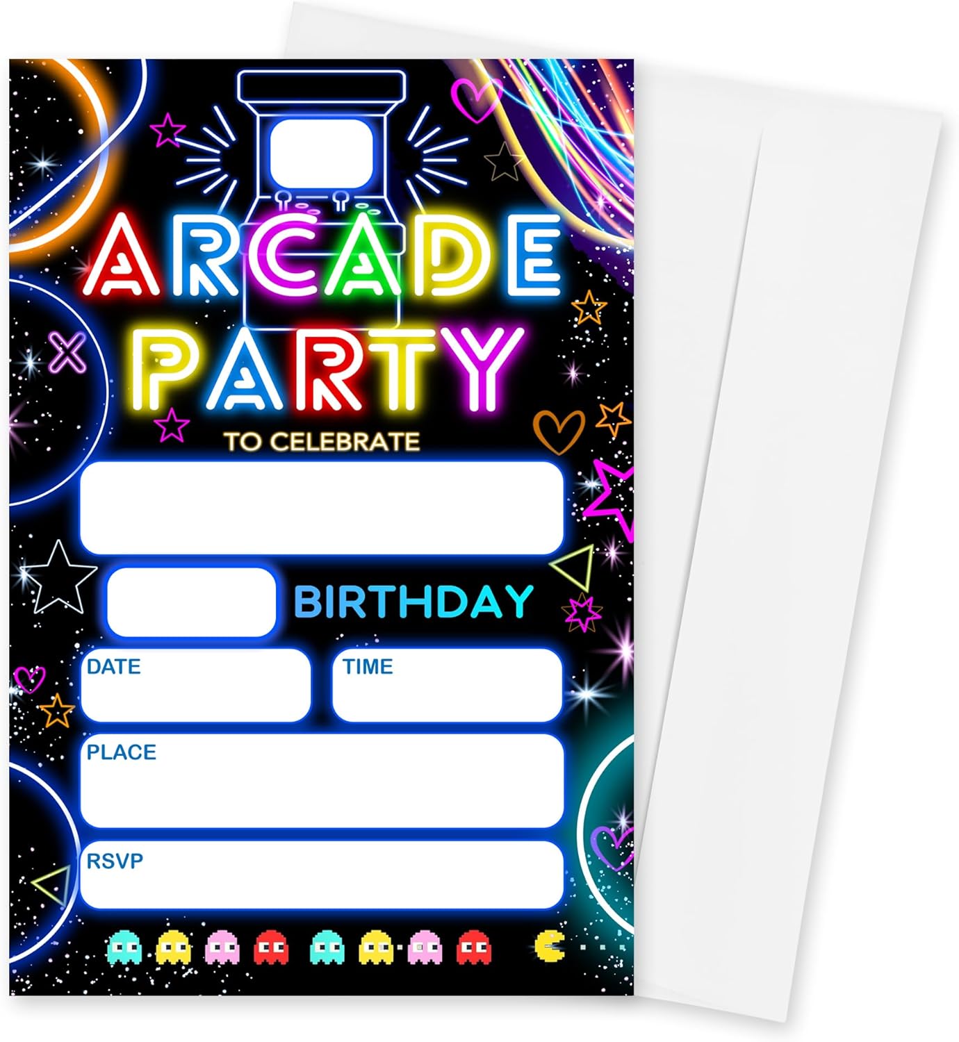 Neon Arcade Birthday Invites - 20pcs with Envelopes