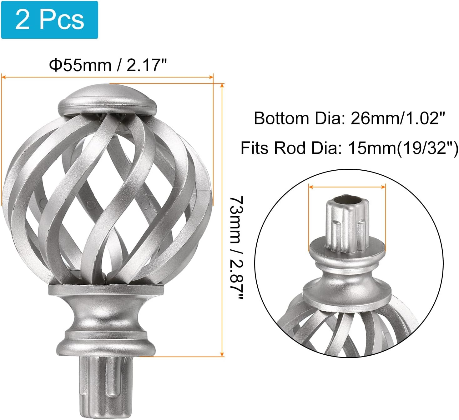 Uxcell Curtain Rod Finials 2Pcs Silver 15mm