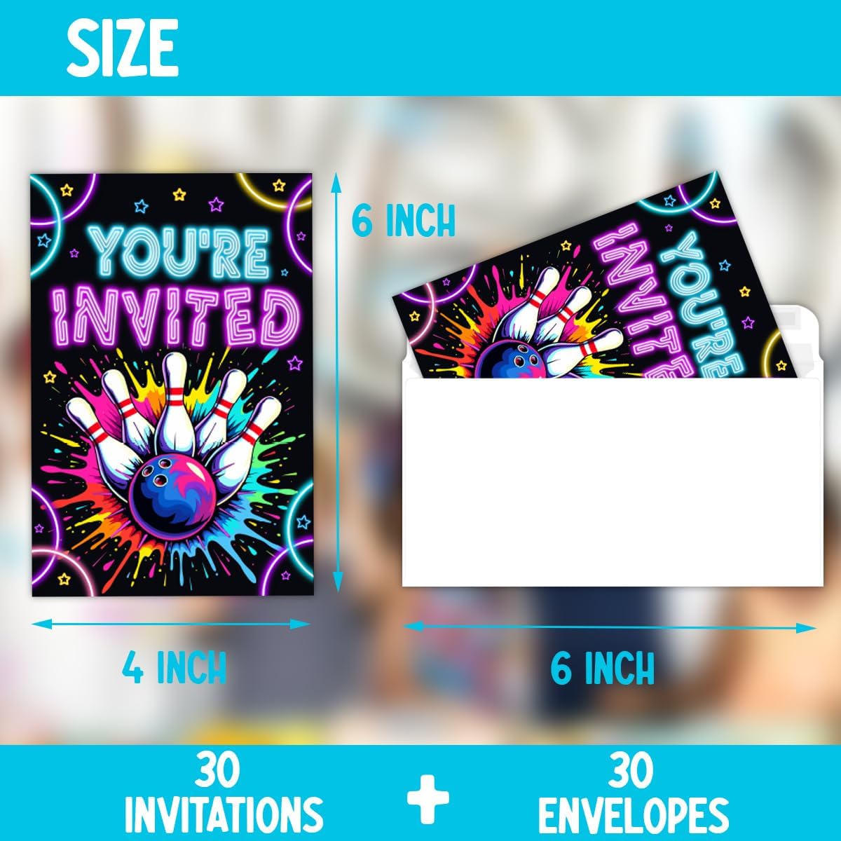 Neon Bowling Birthday Party Invitations Set