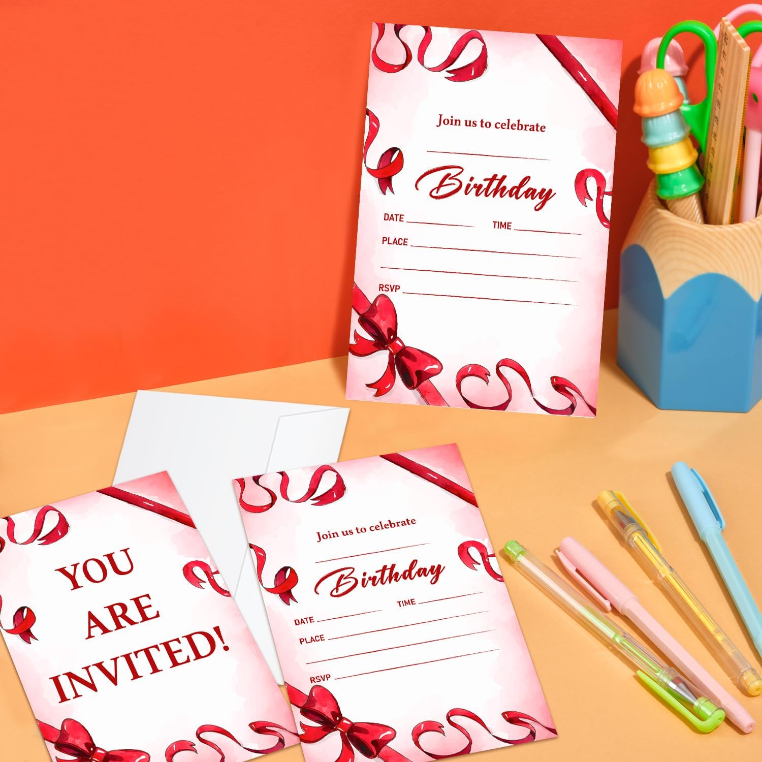 Red Bow Birthday Party Invitation Cards with Envelopes 20 Pcs