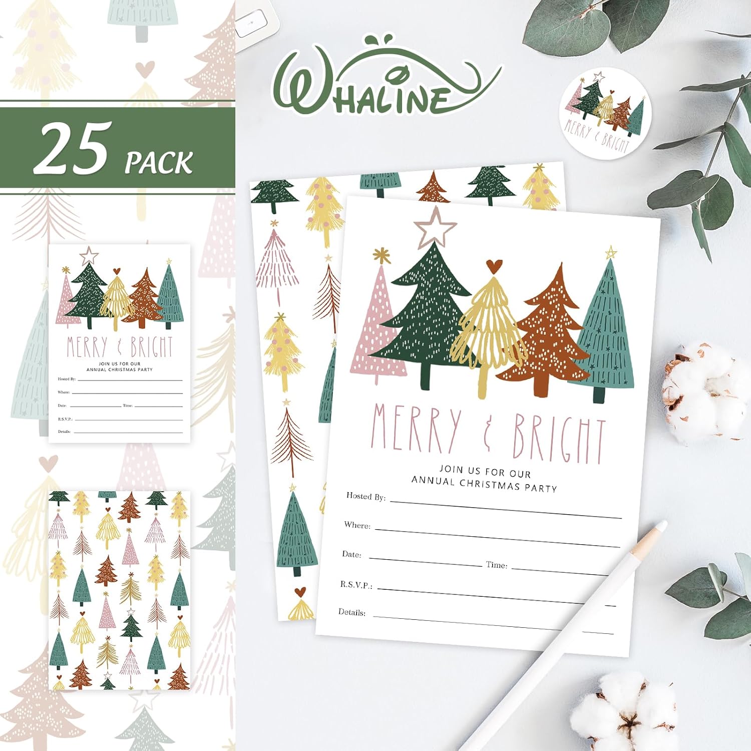 Whaline 25 Pack Boho Christmas Invitations with Envelopes and Stickers