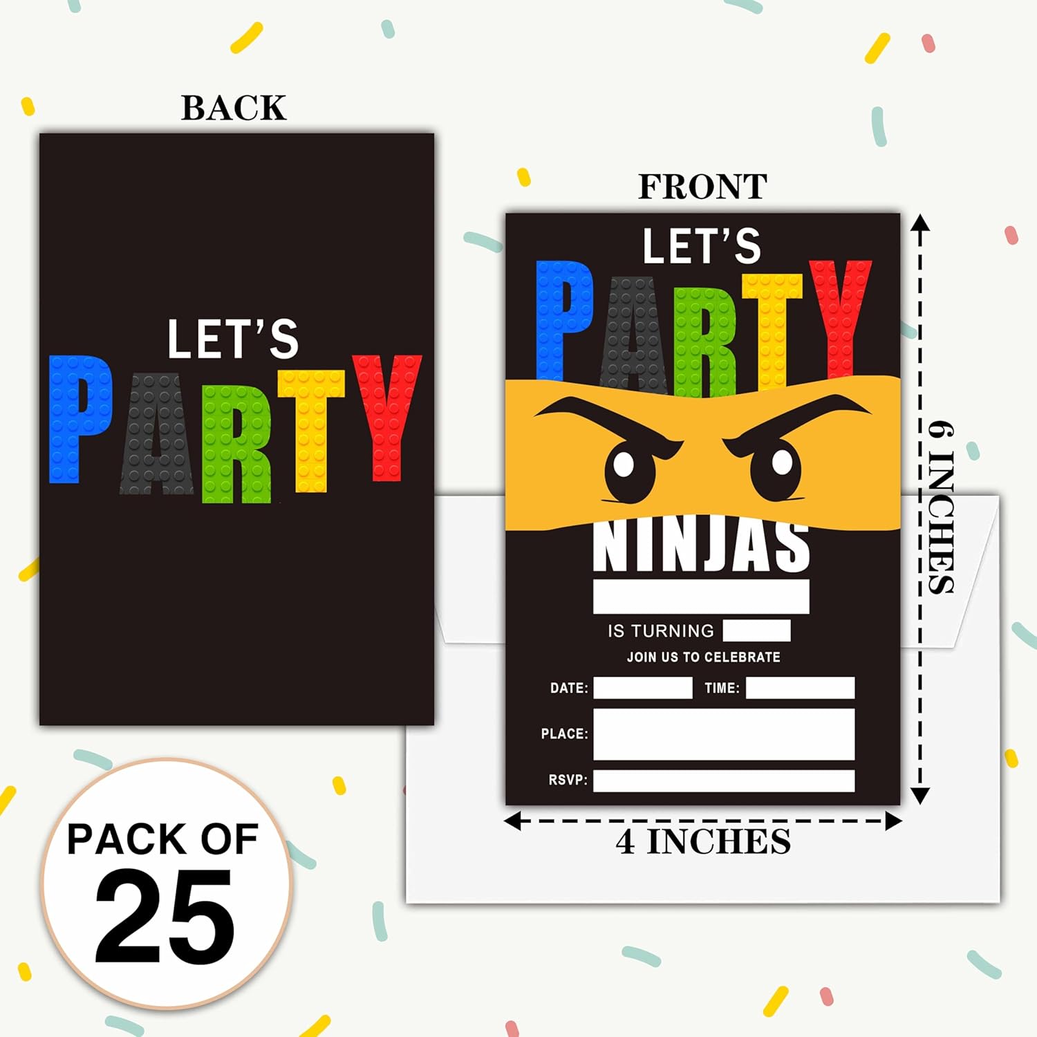4 x 6 Ninja Birthday Invites With Envelopes - 25 Sets