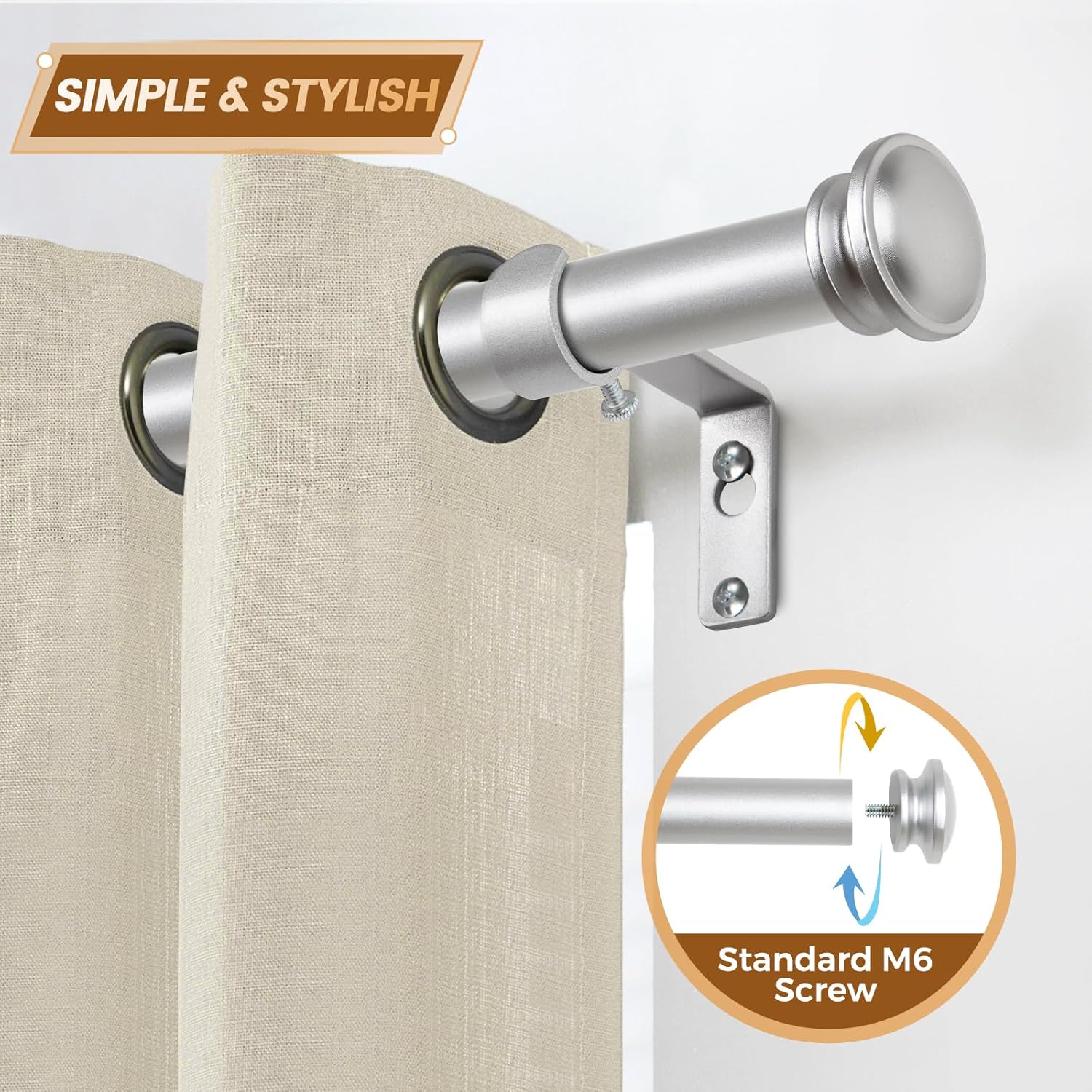 TONIAL Adjustable Single Curtain Rod Silver 32-58 Inch